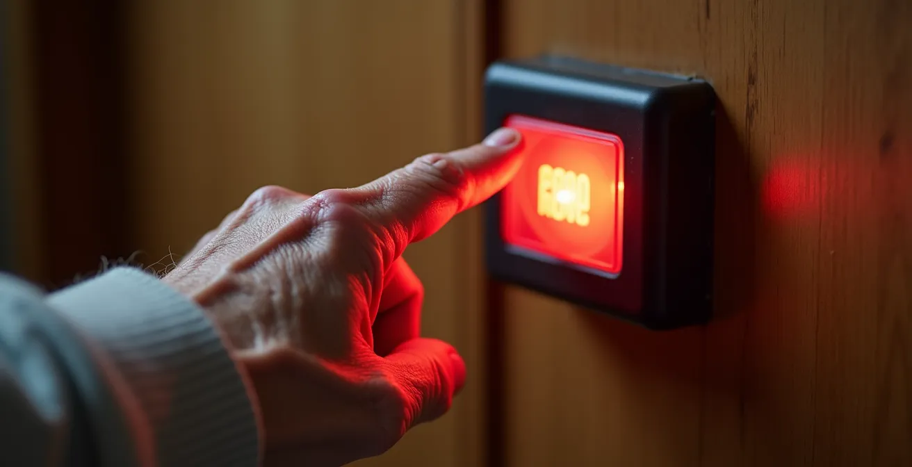 Main d'une personne âgée sur un dispositif de téléassistance