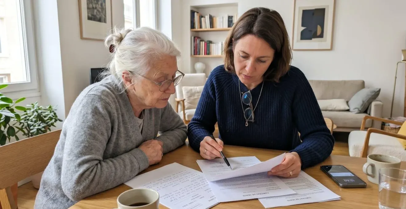 Une femme d'âge mûr et une personne âgée consultent ensemble des documents sur une table, dans un intérieur contemporain baigné de lumière naturelle