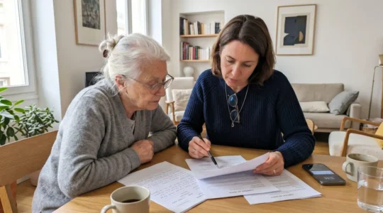 Une femme d'âge mûr et une personne âgée consultent ensemble des documents sur une table, dans un intérieur contemporain baigné de lumière naturelle
