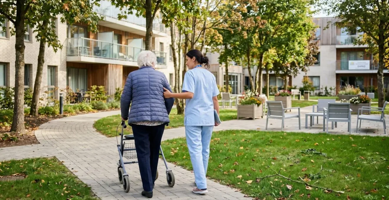 Une personne âgée utilisant un déambulateur est accompagnée par un soignant dans un jardin d'EHPAD lumineux et moderne, vue de dos