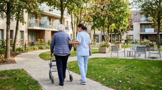 Une personne âgée utilisant un déambulateur est accompagnée par un soignant dans un jardin d'EHPAD lumineux et moderne, vue de dos