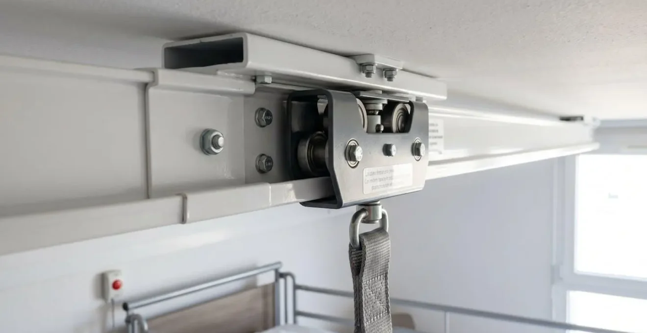 Rail plafonnier de transfert installé au-dessus d'un lit médicalisé dans une chambre d'EHPAD moderne, vue en gros plan