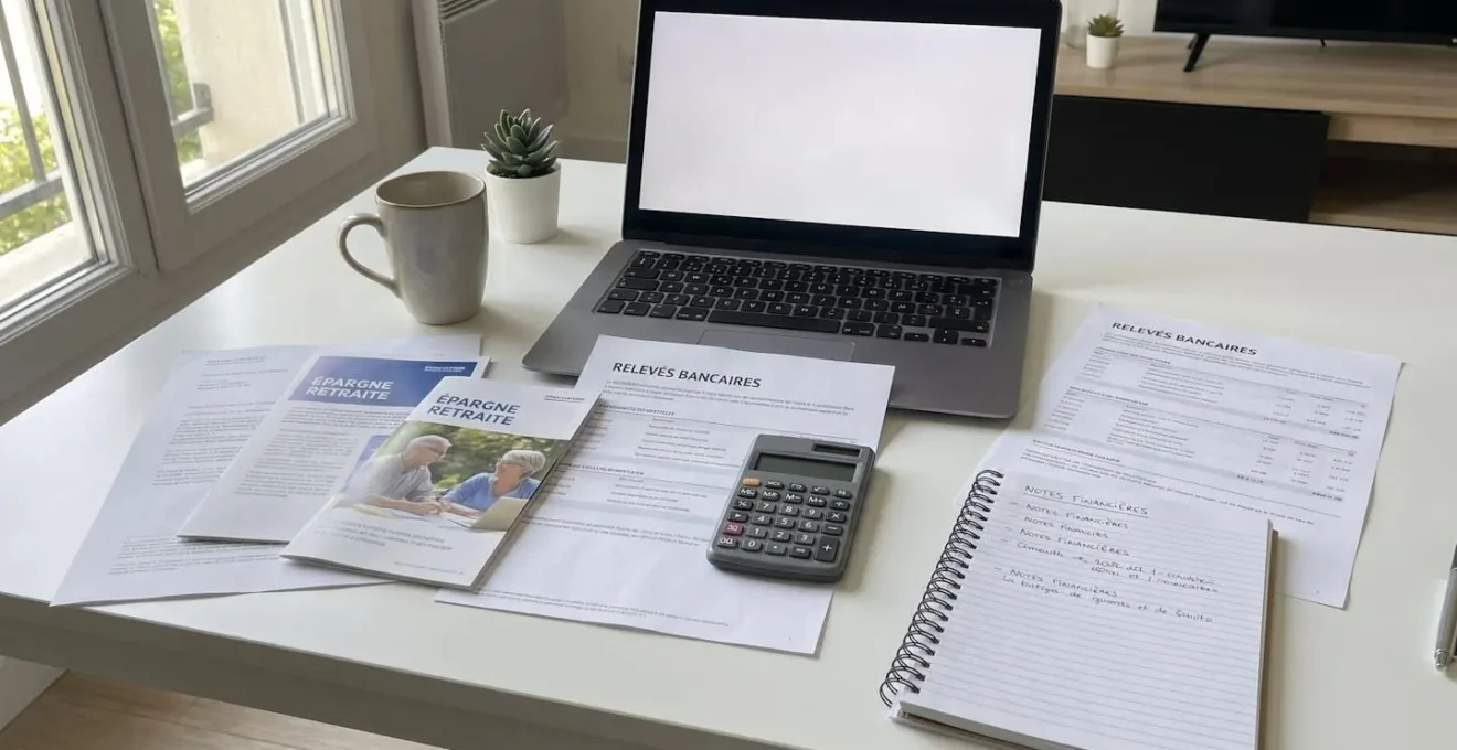 Bureau contemporain avec documents financiers, calculatrice et cahier de notes pour planifier un financement EHPAD