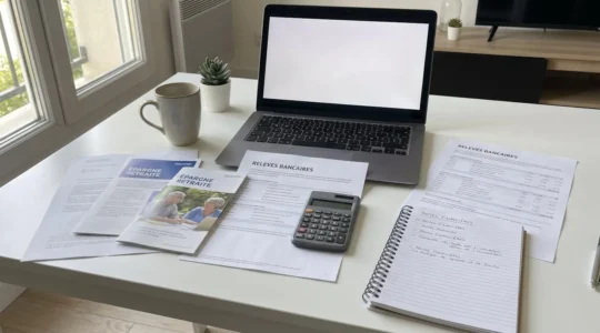 Bureau contemporain avec documents financiers, calculatrice et cahier de notes pour planifier un financement EHPAD