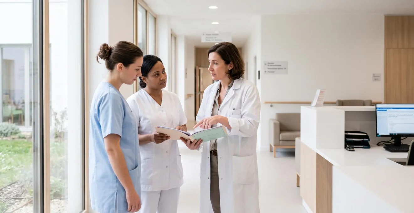 Équipe soignante pluridisciplinaire (infirmière, aide-soignant, médecin) en consultation collaborative autour d'un dossier de soins dans le couloir lumineux d'un EHPAD contemporain français
