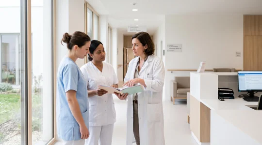 Équipe soignante pluridisciplinaire (infirmière, aide-soignant, médecin) en consultation collaborative autour d'un dossier de soins dans le couloir lumineux d'un EHPAD contemporain français