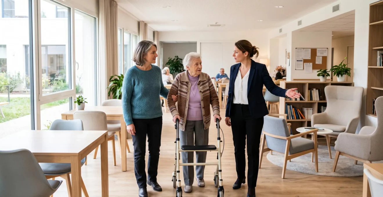 Famille (femme adulte et parent âgé) accompagnée d'un responsable lors d'une visite dans un espace commun lumineux d'EHPAD contemporain français