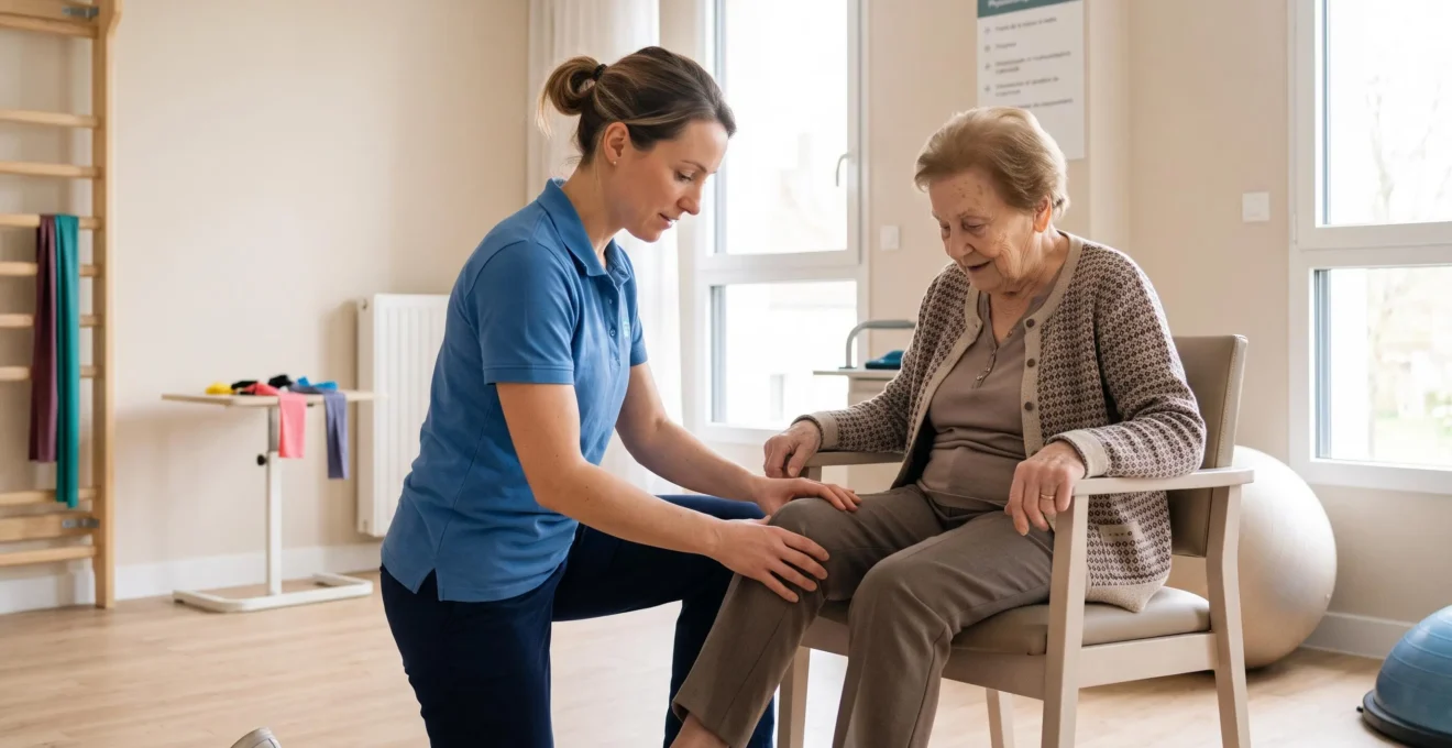 Kinésithérapeute accompagnant une personne âgée lors d'un exercice de rééducation motrice dans une salle lumineuse d'EHPAD contemporain